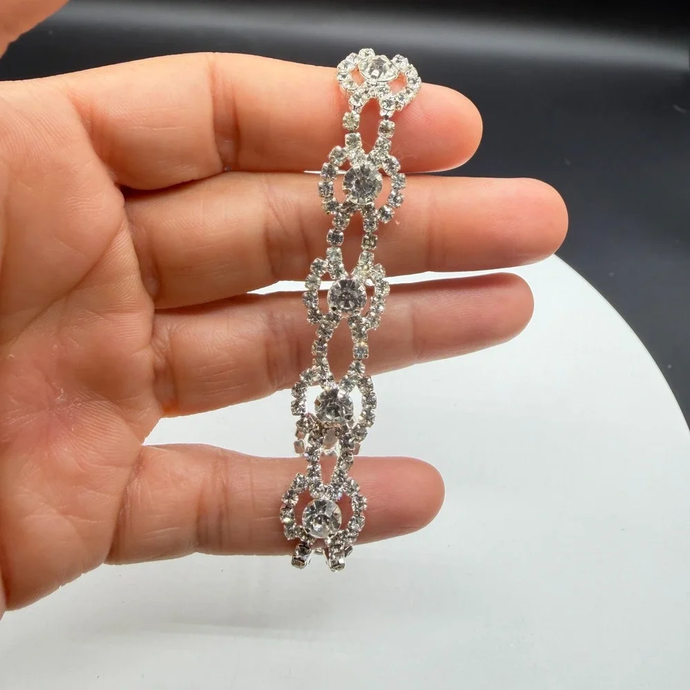 Clear Rhinestone Silver Tone Floral Link Bracelet Bridal Statement Jewelry Gift